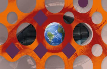 orange abstract design superimposed over robot eye with the planet earth as the eye's pupil