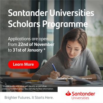 Image of student with text about Santander Universities Scholars Programme