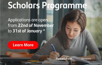 Image of student with text about Santander Universities Scholars Programme