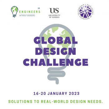 Global Design Challenge Logo featuring purple text over a grey and green light bulb that reads 