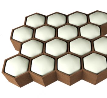 Graphic of a honeycomb like structure, which depicts the structure of the film with graphene oxide trapped between polymer latex spheres