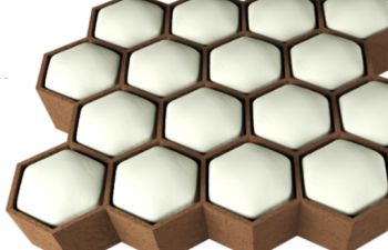 Graphic of a honeycomb like structure, which depicts the structure of the film with graphene oxide trapped between polymer latex spheres