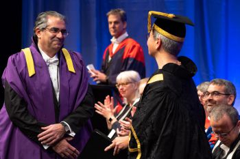 Rustom Tata receives his University of Sussex Fellowship from Vice-Chancellor Sasha Roseneil