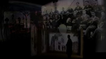Composite image of a group of musicians, a synagogue