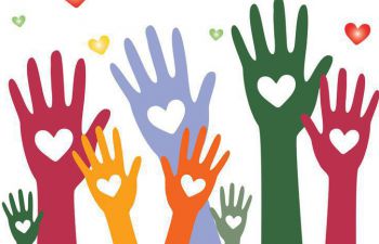 graphic of a various rainbow coloured hands with hearts in the midde