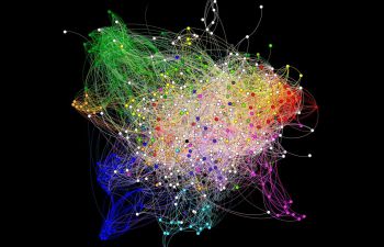 Illustration of part of the human protein-protein interaction network. Proteins are shown as circles and the lines connecting them represent a physical interaction. The connections between these proteins change in cancer cells and the network is rewired.