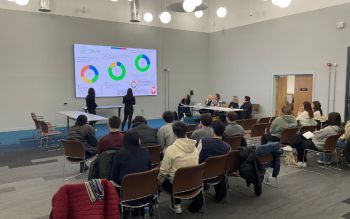 Students presenting three colourful graphs from their research in front of the panel and their classmates in the Student Centre