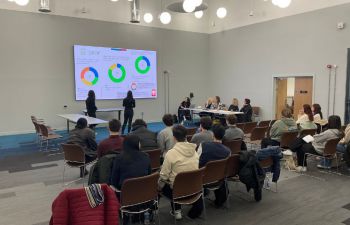 Students presenting three colourful graphs from their research in front of the panel and their classmates in the Student Centre