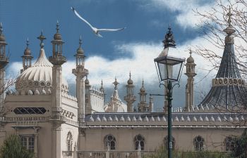 Brighton Pavilion with a seagull flying by.