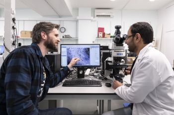 Dr Conor Boland and Adel Aljarid discuss their seaweed-based health sensor development in the lab at the University of Sussex