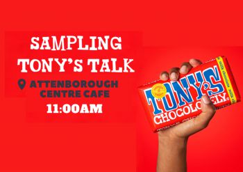 Tony's Chocolonely Graphic with hand holding chocolate bar