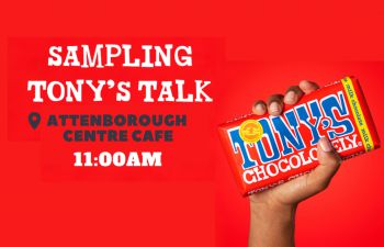 Tony's Chocolonely Graphic with hand holding chocolate bar
