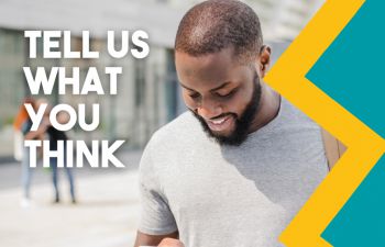 guy looking at his phone and text encouraging readers to take part in Sussex Food 2023 Survey