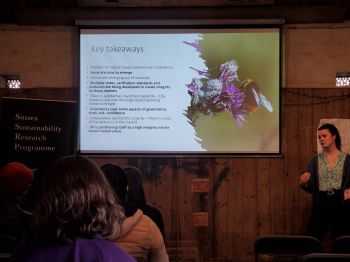 Person stands in front of groups of students and gives a talk with accompanying presentation slides on key takeaways of her