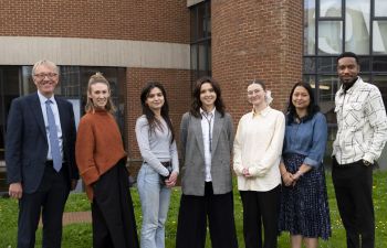 From L-R: Sussex's Allan Spencer; Lucy Hughes – founder of MarinaTex and Sussex alumna; winner Alizee Compson; winner Katya Jeppesen Frank; winner Rosa McKenzie; Sussex's Dr Shova Thapa Karki; -	Darren Tenkorang – Founder of TRIM-IT