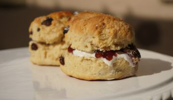 Two scones with cream and jam