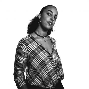 A black and white image of Erin James