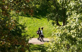 Two students walk on campus on a sunny day, they're walking past trees and grassy areas