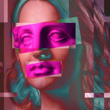 A digital collage combining a woman's face and the face of a statue, with glitch texture around the edges.