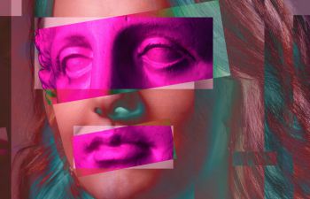 A digital collage combining a woman's face and the face of a statue, with glitch texture around the edges.