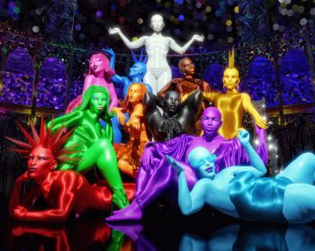 11 people, each a different rainbow colour pose in a group