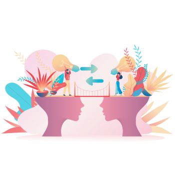 graphic illustration of two people exchanging light bulbs between two silhouette heads. plants are growing out of the heads as if to suggest knowledge exchange blooms