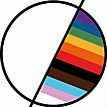 Logo for the conference - an 'O' divided in the centre, half filled with rainbow flag, the other blank
