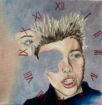 abstract portrait painting with a jigsaw-shaped piece missing from the face and a roman numeral clock face framing the portrait
