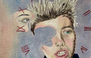 abstract portrait painting with a jigsaw-shaped piece missing from the face and a roman numeral clock face framing the portrait