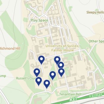 Map showing listed buildings on campus. Source: Historic England