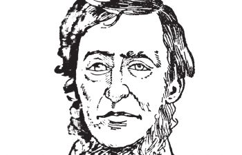 A pencil illustration of Henry Thoreau against a white background.