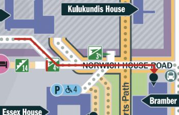 map of Sussex campus showing red arrow from York House to Bramber House