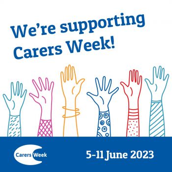 Logo for Carers Week 2023 with an image of hands waving
