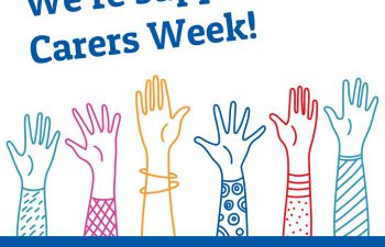 Logo for Carers Week 2023 with an image of hands waving
