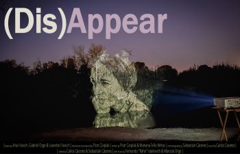 Poster image for (Dis)Appear - at nighttime, a projector projects an illustrated image of a woman's face onto a forest