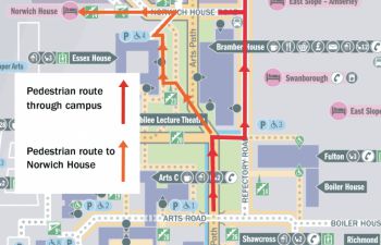 The University of Sussex campus map with markings showing a pedestrian diversion around Bramber House and onto Refectory Road