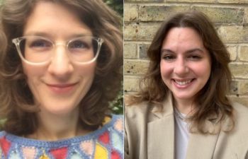 Two pictures side by side, one of Katharina Rietzler smiling against a green foliage background, and one of Charlie Jeffries smiling against a brick background.