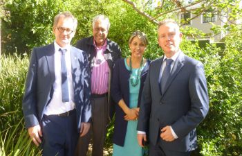 Dr Essop Pahad hosting Sussex colleagues at his home in Johannesburg, September 2018. L-R: Robert Yates, Dr Essop Pahad, Dr Marina Pedreira-Vilarino, Professor Rorden Wilkinson.