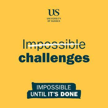'Impossible challenges' in dark green is written in the centre on a yellow background. The word 'Impossible' is crossed out in white. At the bottom you can read 'Impossible until it's done' in a smaller white font on a dark green text