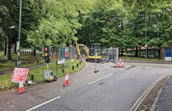 A photo of NRP roadworks next to the Freeman building