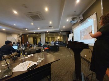 Speaker standing in front of a projection screen and giving a presentation to group of workshop participants who are sitting in the room and listening