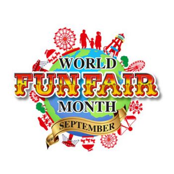 World Funfair Month Logo with images of fairground rides surrounding an image of the world
