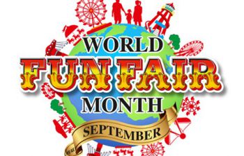 World Funfair Month Logo with images of fairground rides surrounding an image of the world