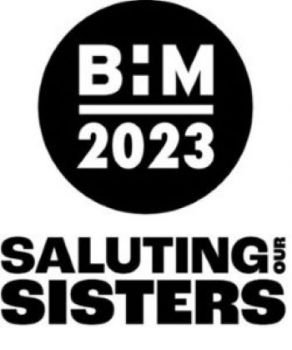 Black circle on white background with lettering B:H 23 and under the words Saluting Sisters