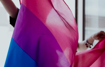 the bi pride flag in motion (the flag is pink, purple and blue horizonal stripes)