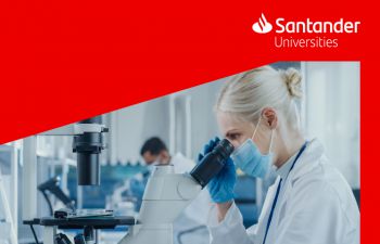 Science researcher using microscope, with Santander Universities logo above