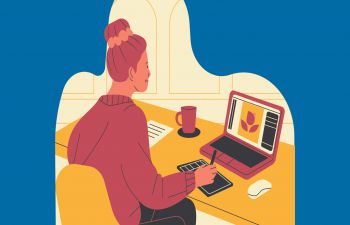 An illustrated graphic of a woman sitting infront of a computer screen and taking notes.