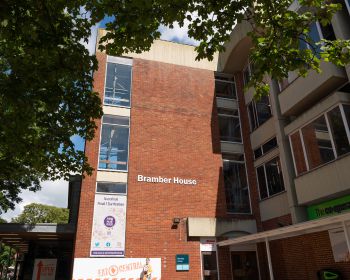 Red Brick building with decal reading 'Bramber House'