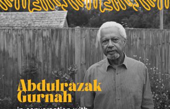 Black and white photograph of Abdulrazak standing in front of garden fence. Orange text overlay with details about the event and an orange squiggle effect to frame the image