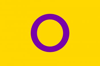 a yellow background with a purple ring in the centre.